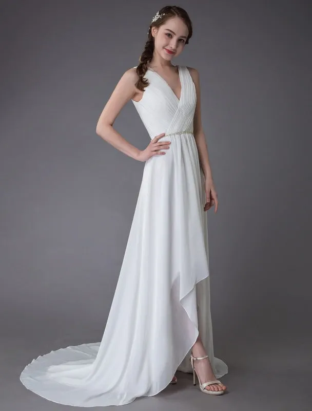 Beach Wedding Dresses Chiffon V Neck High Low Sash Summer Bridal Dress Exclusive