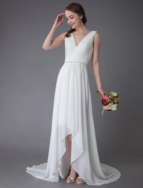 Beach Wedding Dresses Chiffon V Neck High Low Sash Summer Bridal Dress Exclusive