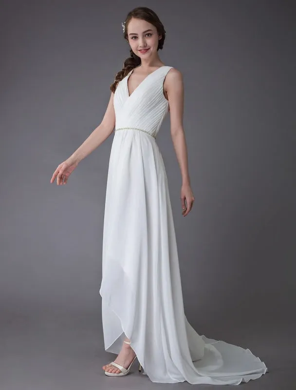 Beach Wedding Dresses Chiffon V Neck High Low Sash Summer Bridal Dress Exclusive