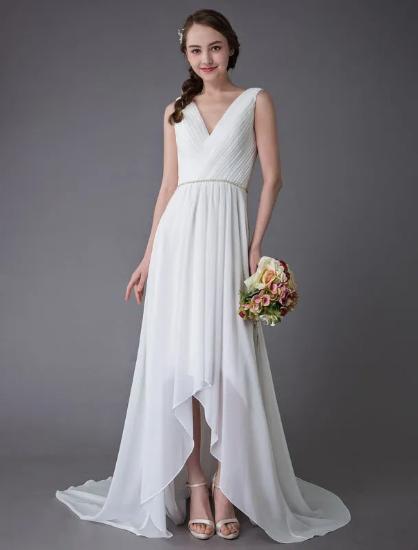 Beach Wedding Dresses Chiffon V Neck High Low Sash Summer Bridal Dress Exclusive