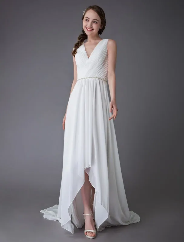 Beach Wedding Dresses Chiffon V Neck High Low Sash Summer Bridal Dress Exclusive