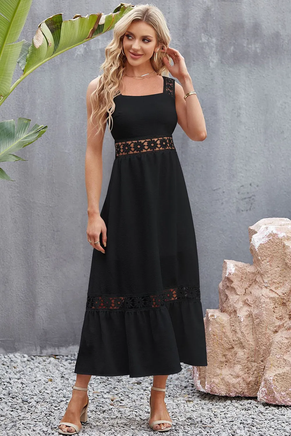 Beach Wedding Guest Women's Crochet Midi Dress with Wide Floral Straps