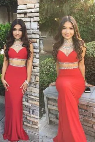 Bg1105 Two Piece Prom Dress Long Chiffon Prom Dress Beading Red Prom