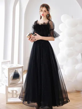 Black A line Tulle Long Prom Dress Black Tulle Formal Evening Dresses