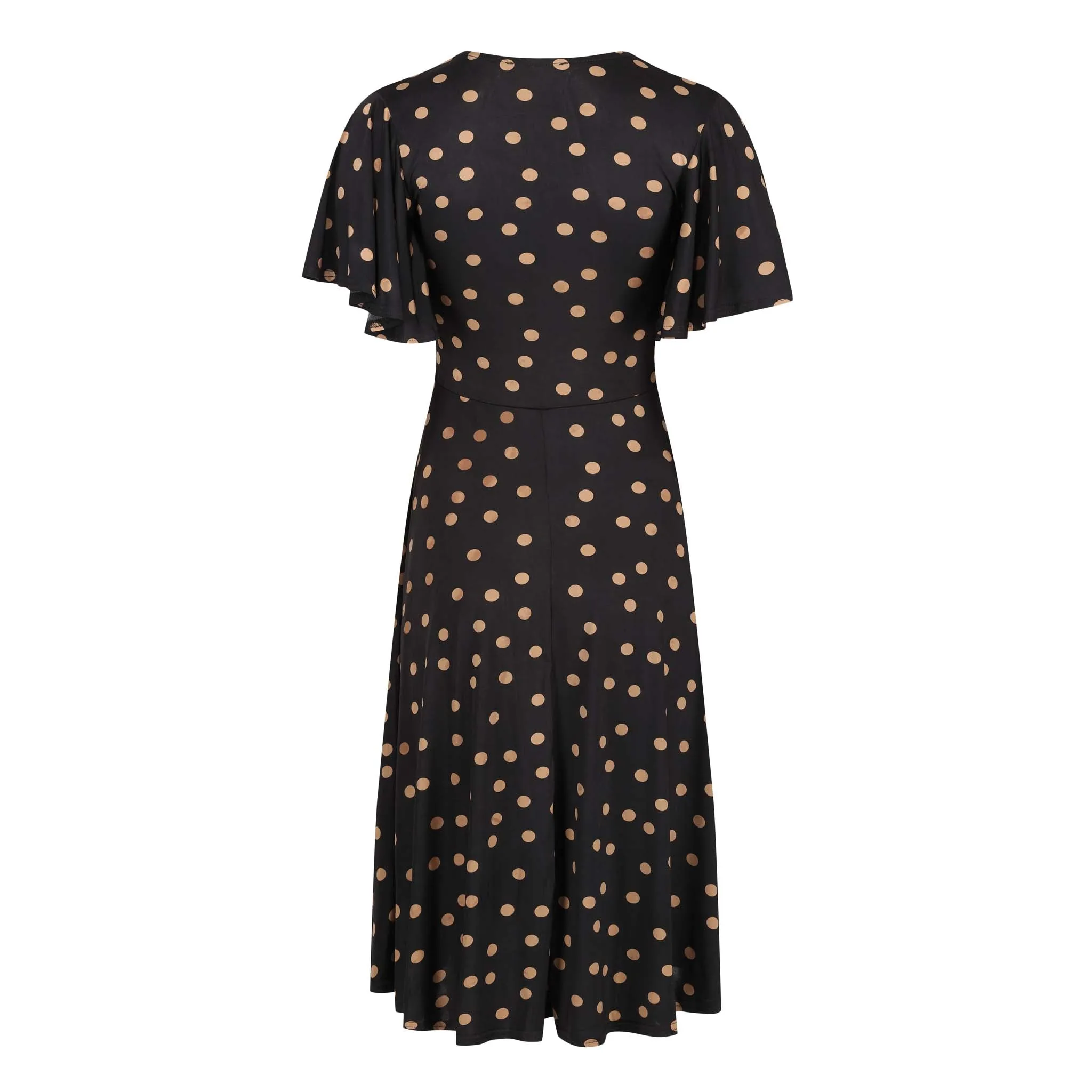 Black & Gold Polka Dot Waterfall Sleeve Wrap Style Swing Dress