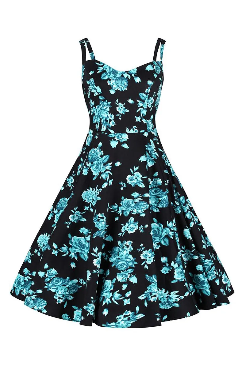 Black and Blue Floral Print Rockabilly 50s Swing Dress