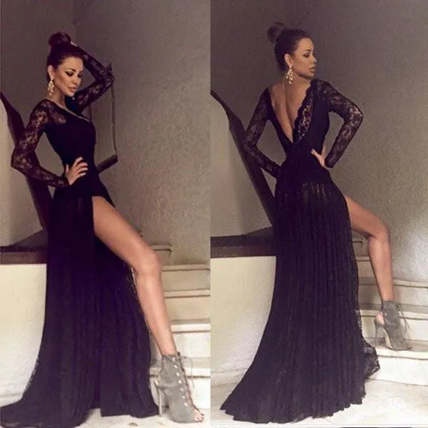 Black Long Sleeves Lace Side Split Sexy V Back Long Prom Dress