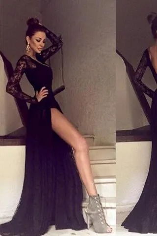 Black Long Sleeves Lace Side Split Sexy V Back Long Prom Dress