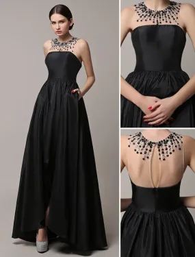 Black Prom Dresses 2021 Long Wedding Dress High Low Beading Illusion Neckline Taffeta Evening Dress Wedding Guest Dress Milanoo