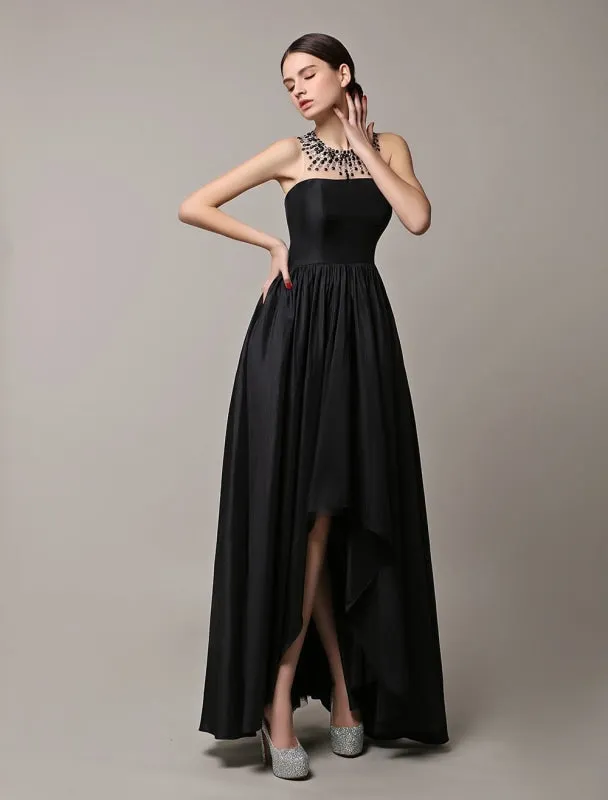 Black Prom Dresses 2021 Long Wedding Dress High Low Beading Illusion Neckline Taffeta Evening Dress Wedding Guest Dress Milanoo