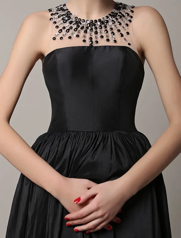 Black Prom Dresses 2021 Long Wedding Dress High Low Beading Illusion Neckline Taffeta Evening Dress Wedding Guest Dress Milanoo