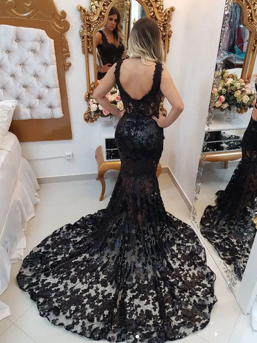 Black v neck lace mermaid long prom dress, black evening dress