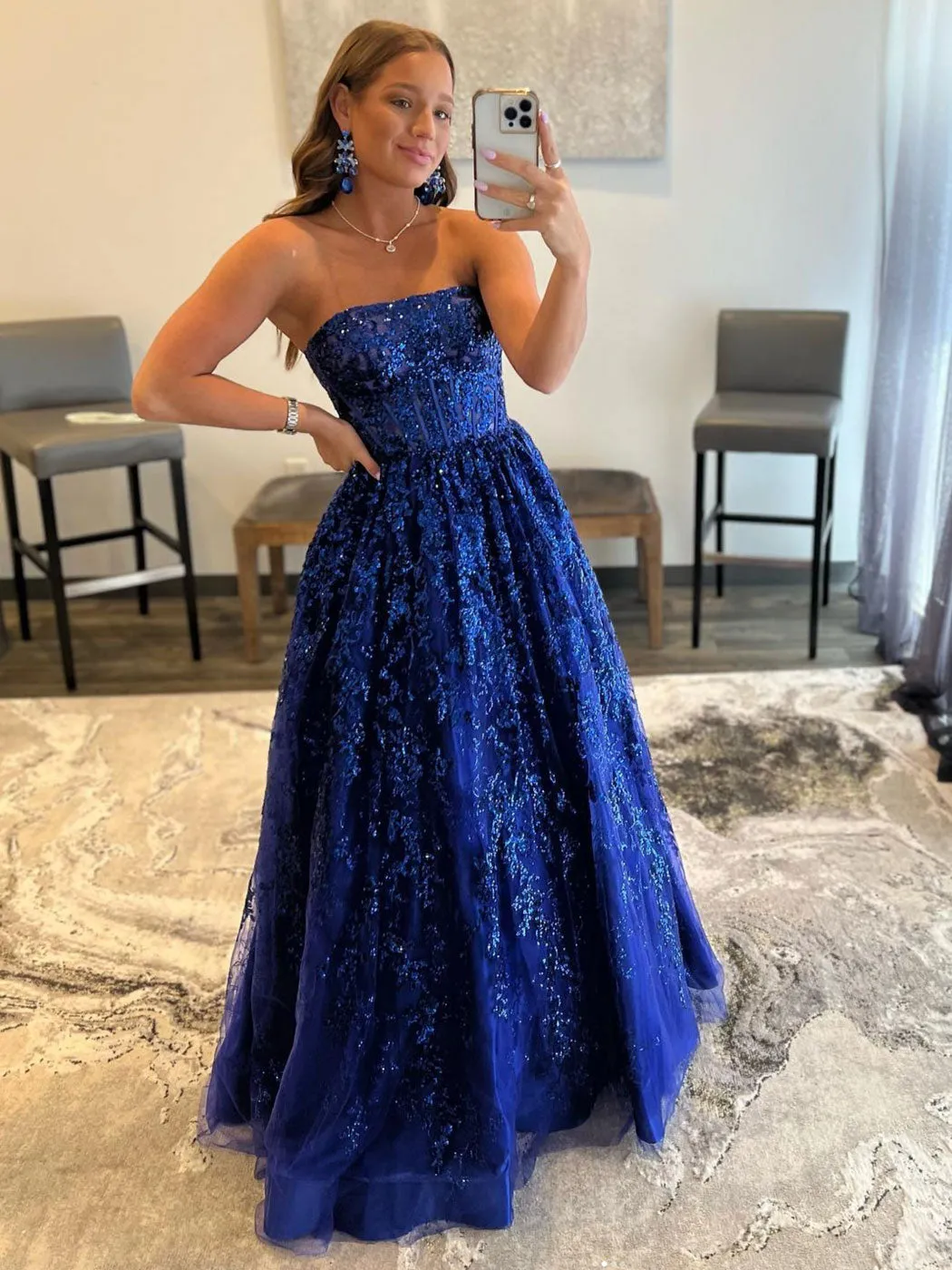 Blue A line tulle sequin long prom dress, blue tulle evening dress