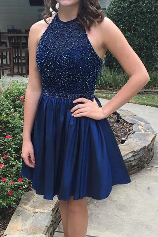 Blue Halter Sequins Beading Short Homecoming Dresses