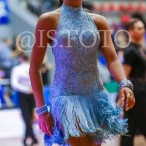 Blue Latin Dress with Lace & Fringe