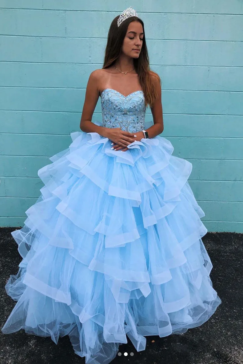 Blue sweetheart neck tulle beads long prom dress, blue evening dress