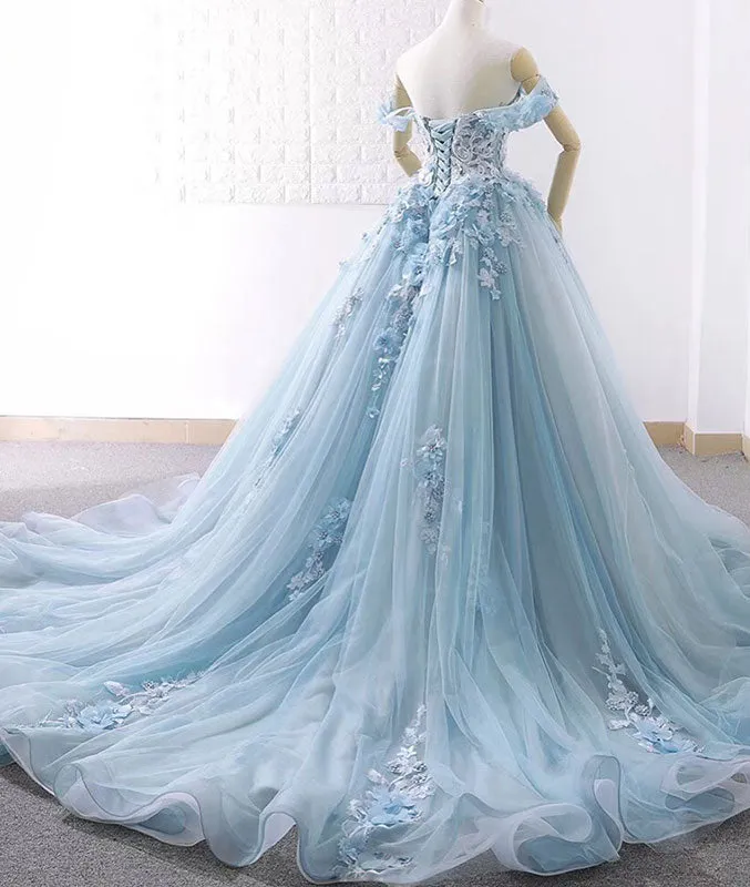 Blue sweetheart tulle lace long prom dress, blue wedding dress