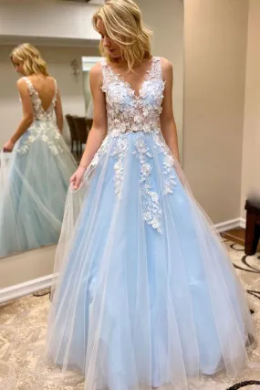 Blue v neck tulle lace long prom dress blue tulle formal dress