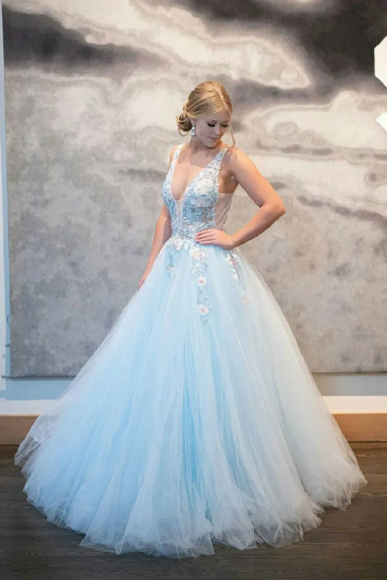 Blue v neck tulle lace long prom dress blue tulle formal dress