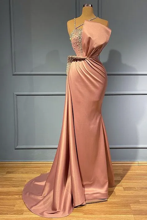 Blush Pink Mermaid Prom Gown with Delicate Ruffles and Sparkling Bead Embellishments