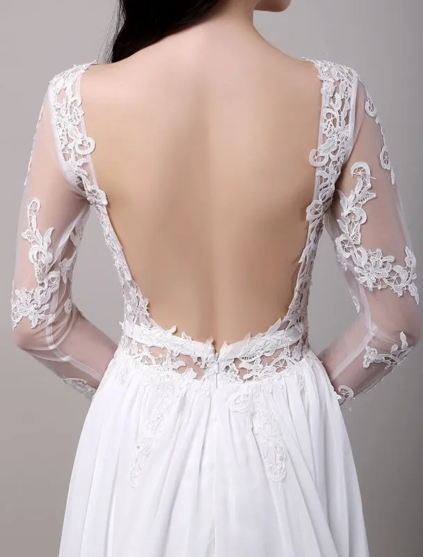 Boho Beach Sheer Lace Chiffon Tulle Long Sleeves Deep V Back Backless Bridal Gown