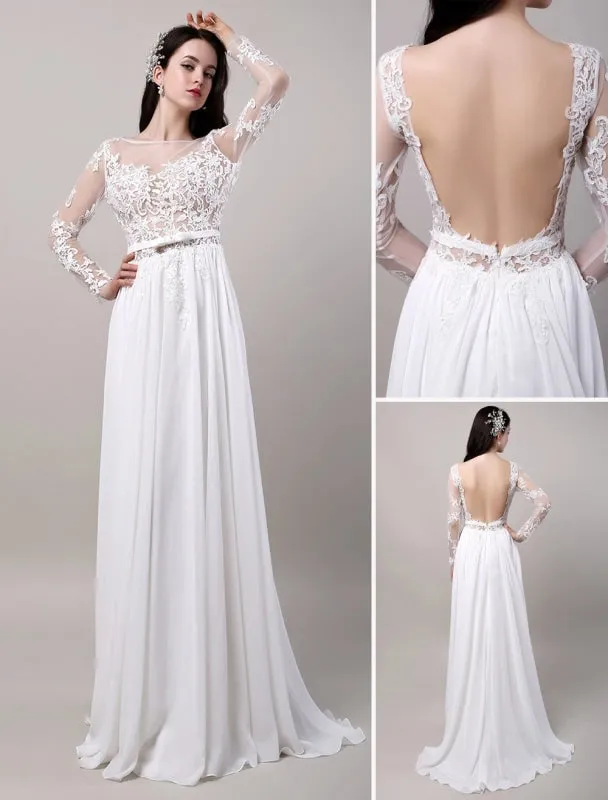 Boho Beach Sheer Lace Chiffon Tulle Long Sleeves Deep V Back Backless Bridal Gown