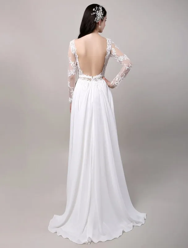 Boho Beach Sheer Lace Chiffon Tulle Long Sleeves Deep V Back Backless Bridal Gown