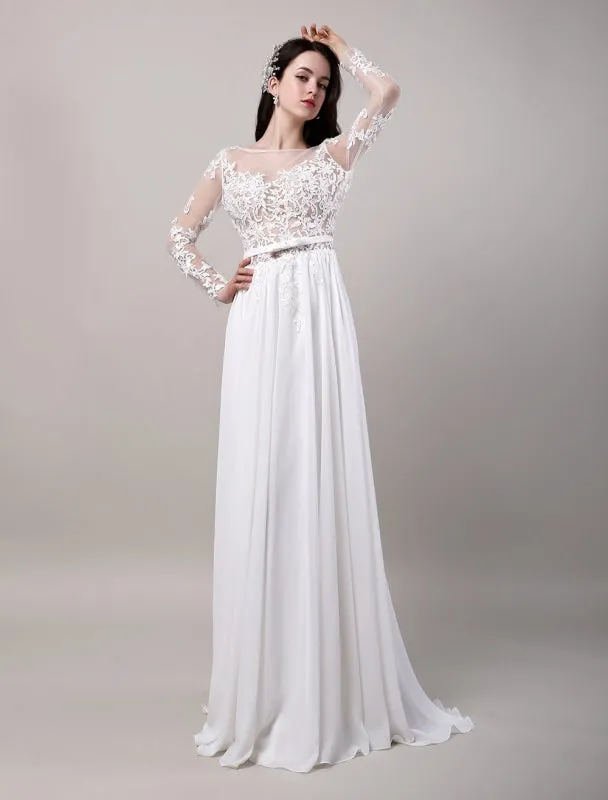 Boho Beach Sheer Lace Chiffon Tulle Long Sleeves Deep V Back Backless Bridal Gown