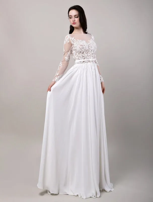 Boho Beach Sheer Lace Chiffon Tulle Long Sleeves Deep V Back Backless Bridal Gown