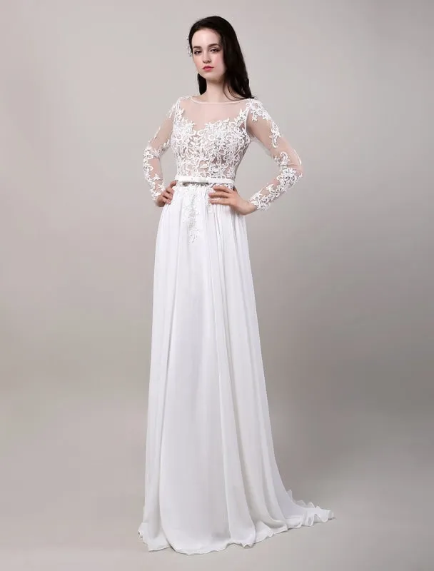 Boho Beach Sheer Lace Chiffon Tulle Long Sleeves Deep V Back Backless Bridal Gown