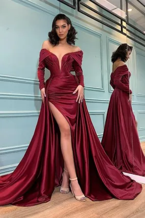 Burgundy Long Sleeve Mermaid Off-the-shoulder Prom Dress with Slit