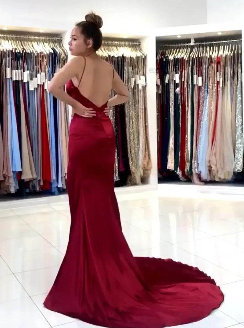 Burgundy Mermaid V-neck Backless Long Prom Dress With Slit