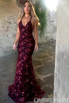 Burgundy Party Dresses V Neck Backless Mermaid Prom Dresses with Sequins