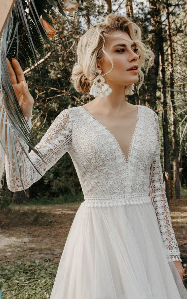 Casual A-Line Tulle Wedding Dress With Illusion Long Sleeves And Open Back-716437