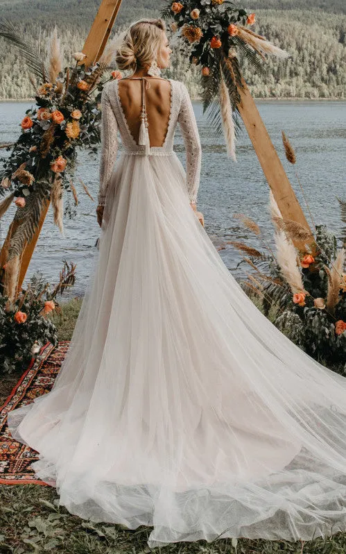 Casual A-Line Tulle Wedding Dress With Illusion Long Sleeves And Open Back-716437