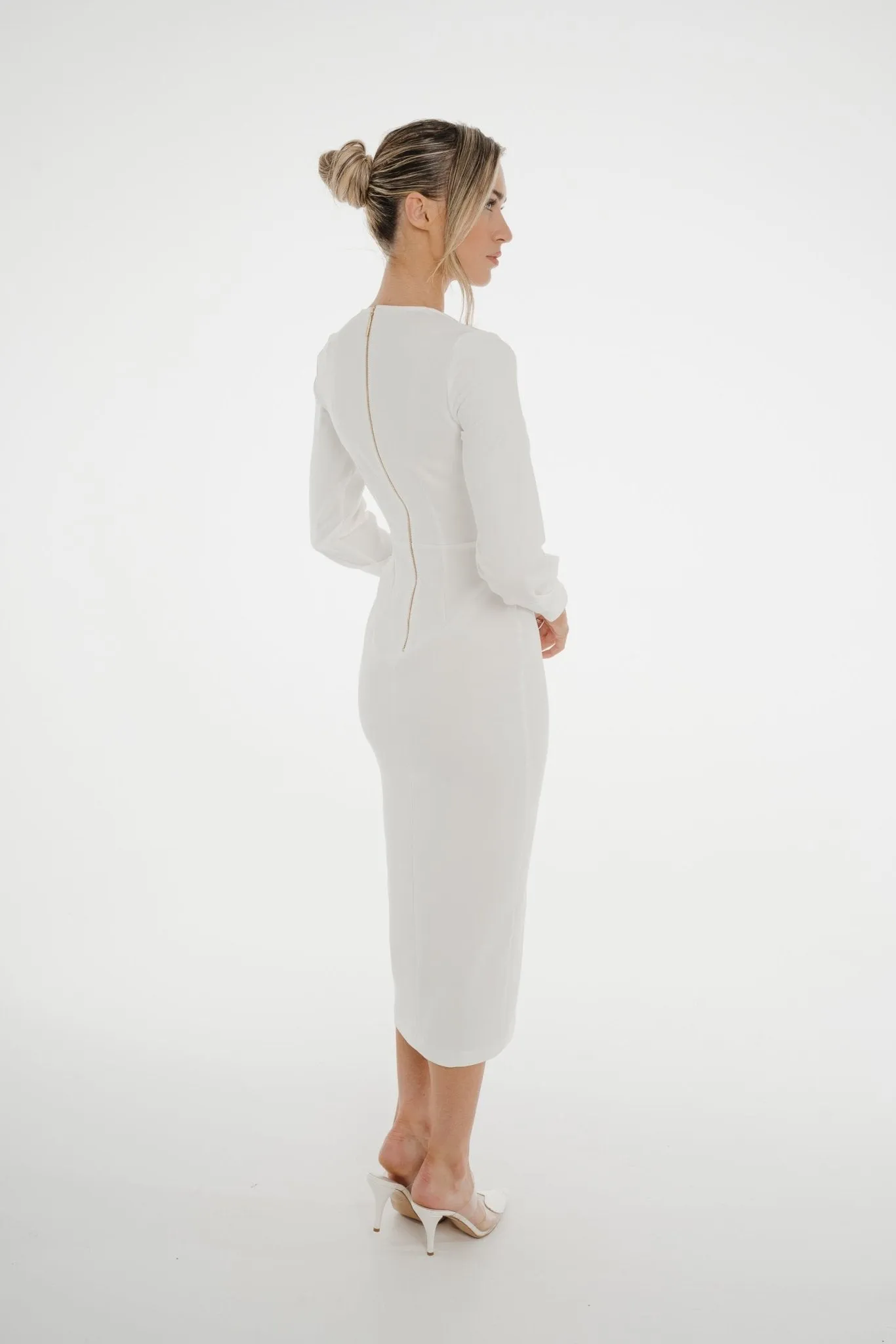 Celine Pencil Drape Midi Dress In Ivory