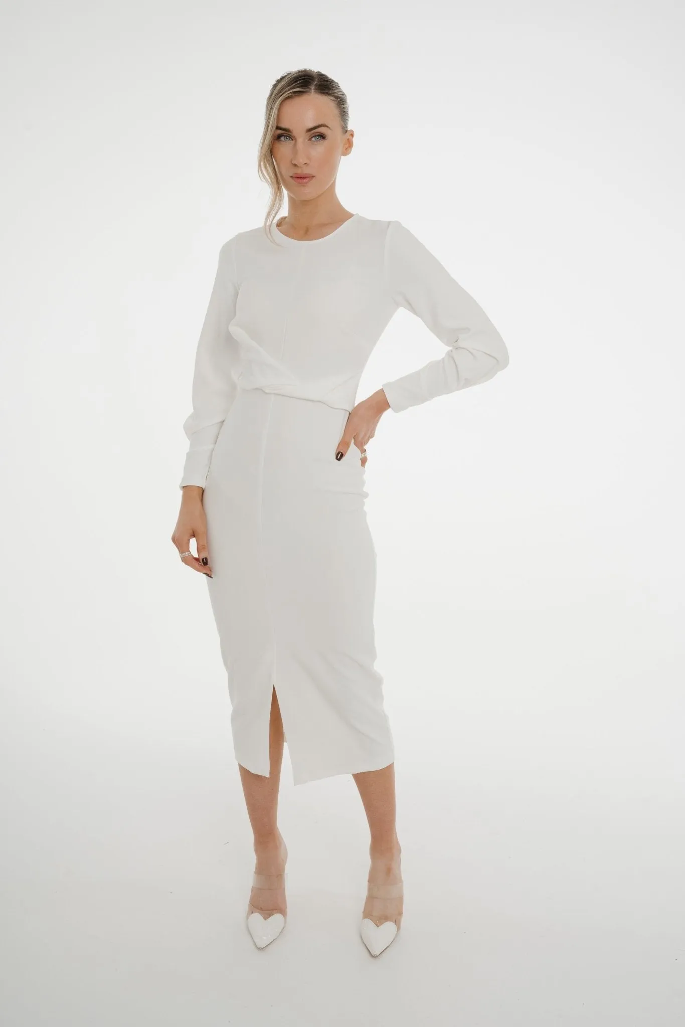 Celine Pencil Drape Midi Dress In Ivory