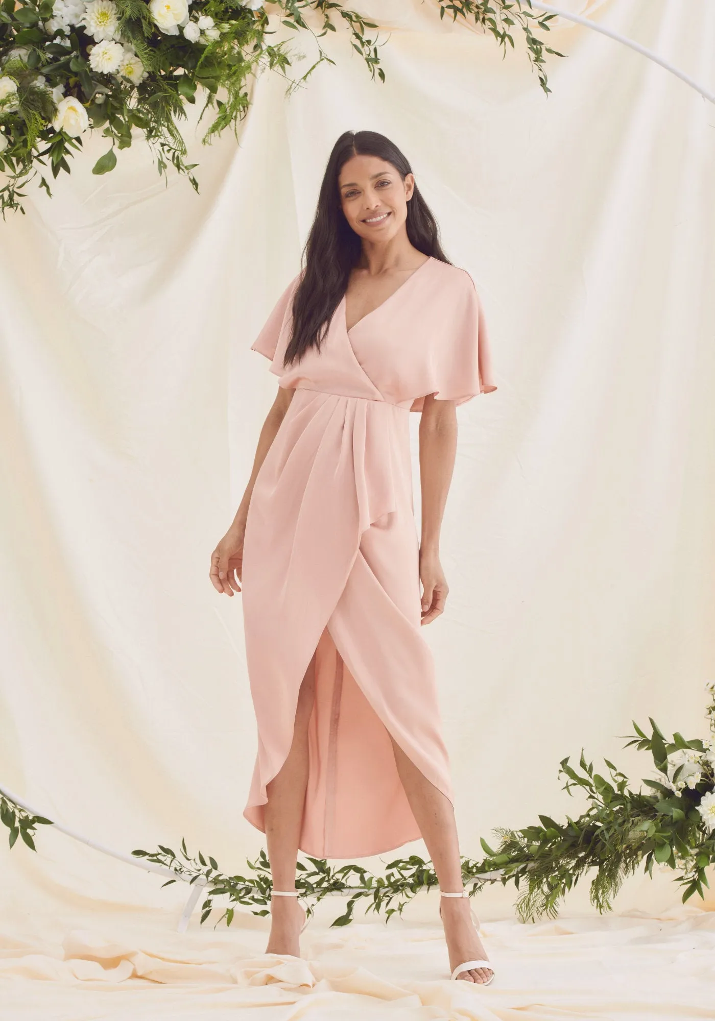 Clara Angel Sleeve Wrap Satin Midi Dress - Rose Pink