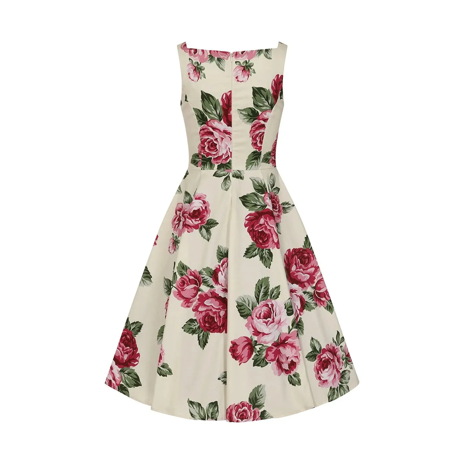 Cream Rose Floral Print Sleeveless Rockabilly 50s Swing Dress