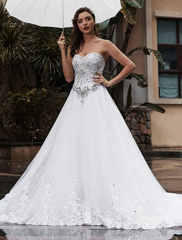 Customize Wedding Dress A-Line Sweetheart Neck Sleeveless Natural Waist With Train Bridal Dresses