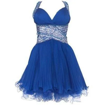 Cute cross back blue V-Neck Halter chiffon short sweetheart prom dress