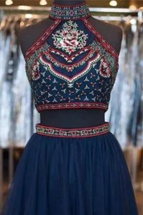 Cute Short A-Line Glitter Navy Blue Backless Sexy Fashion Two Pieces Homecoming Dresses