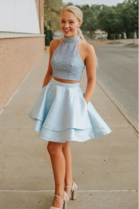 Cute Two Piece High Neck Pockets Satin Short Light Blue Beaded Homecoming Dresses