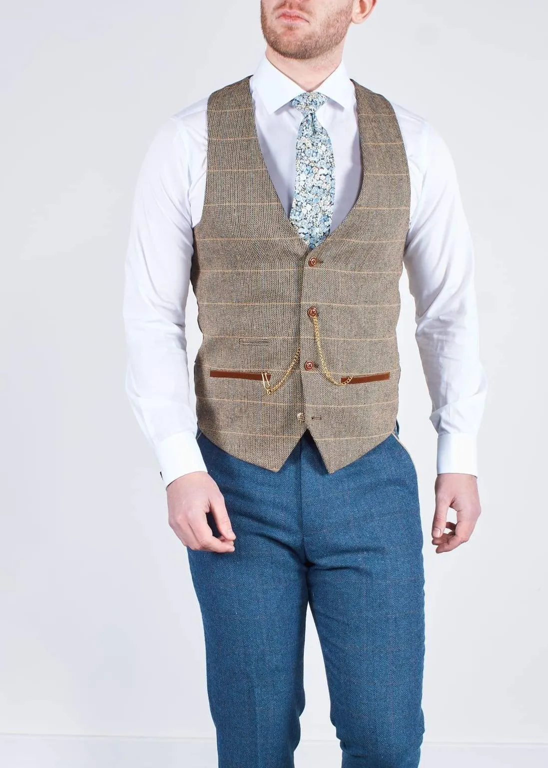 Dion Blue Tweed Wedding Suit 3 Piece with Brown Waistcoat by Marc Darcy