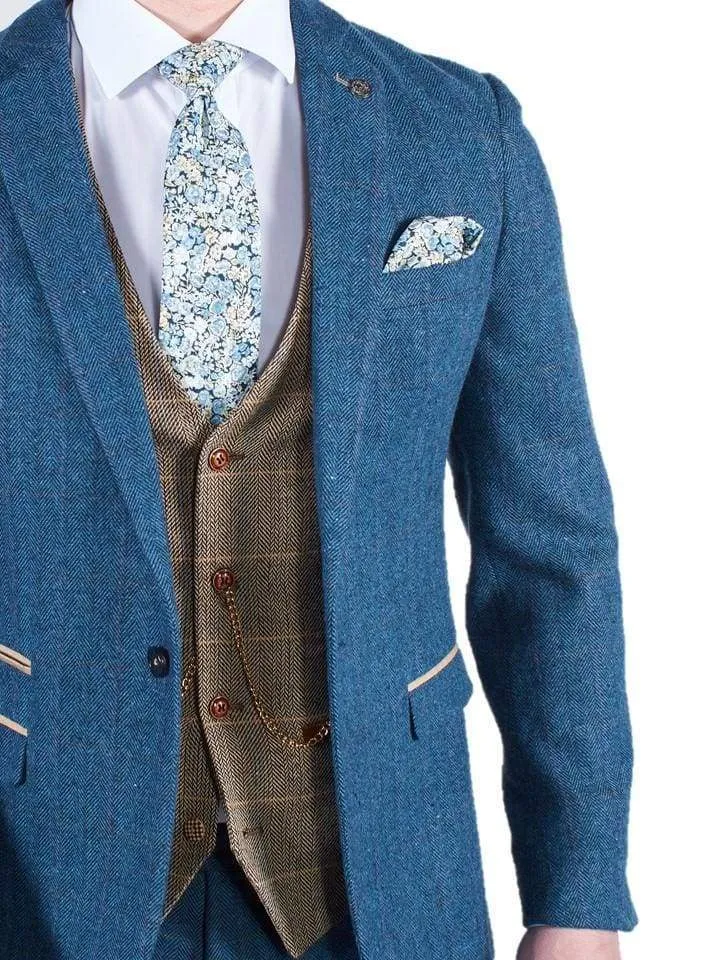 Dion Blue Tweed Wedding Suit 3 Piece with Brown Waistcoat by Marc Darcy