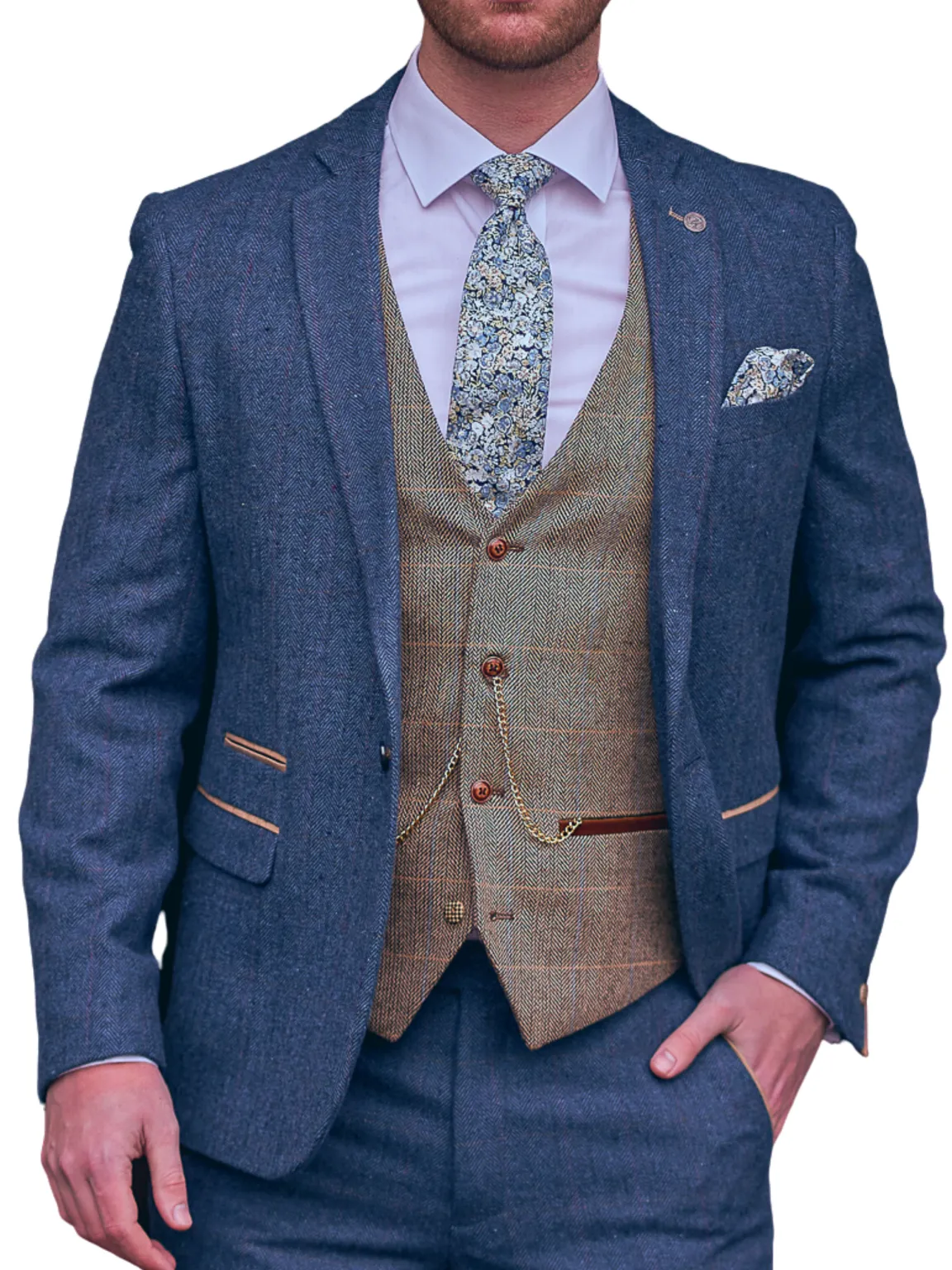 Dion Blue Tweed Wedding Suit 3 Piece with Brown Waistcoat by Marc Darcy