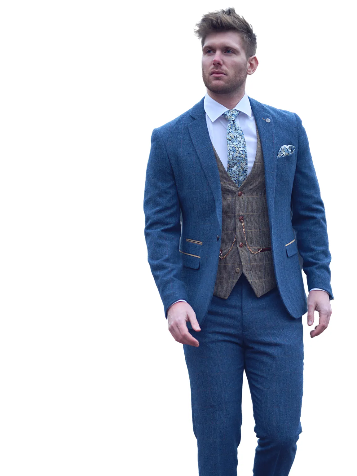 Dion Blue Tweed Wedding Suit 3 Piece with Brown Waistcoat by Marc Darcy