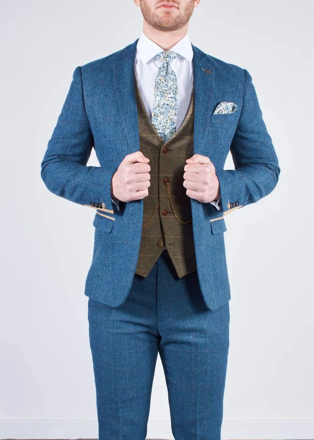 Dion Blue Tweed Wedding Suit 3 Piece with Brown Waistcoat by Marc Darcy