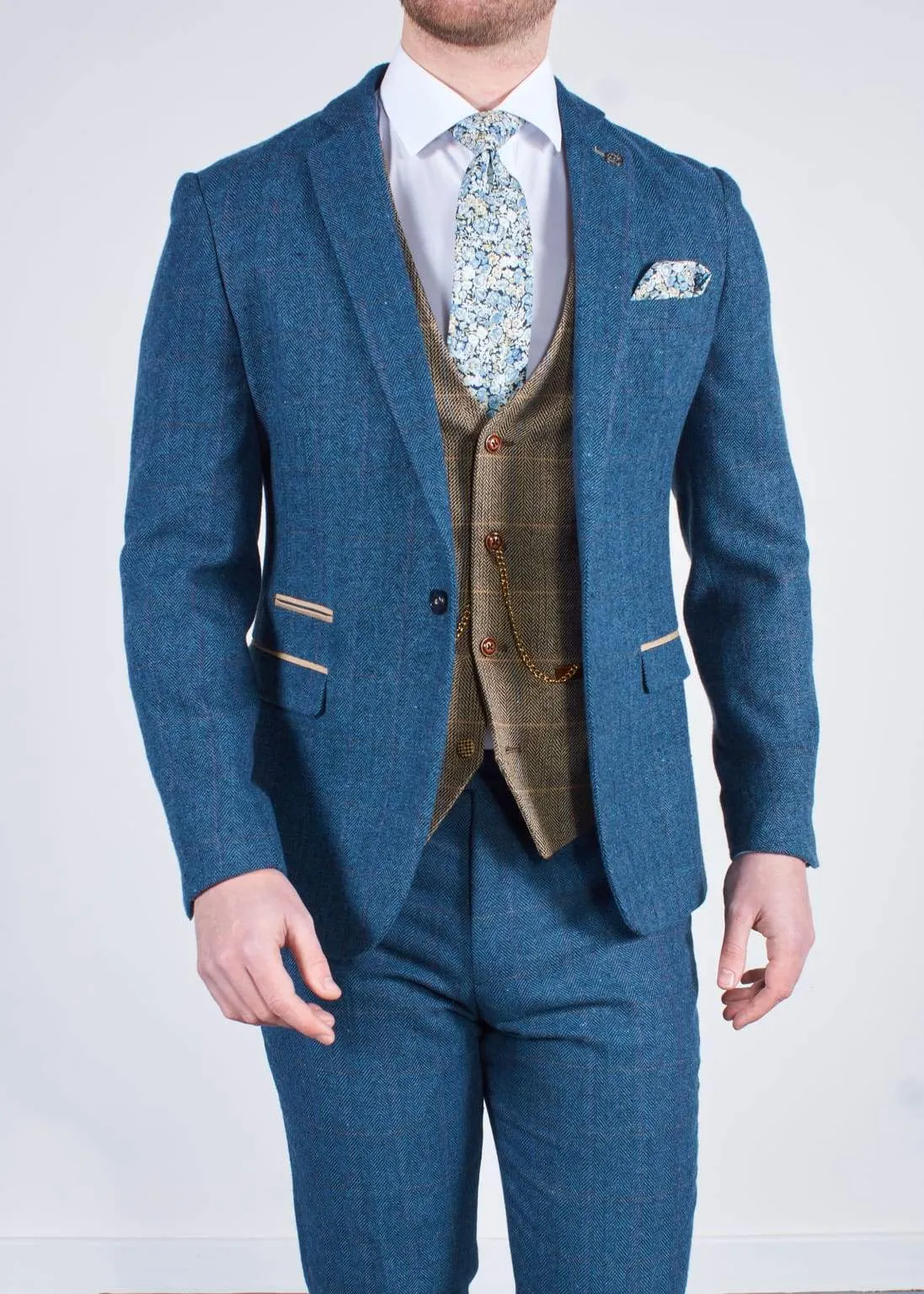 Dion Blue Tweed Wedding Suit 3 Piece with Brown Waistcoat by Marc Darcy