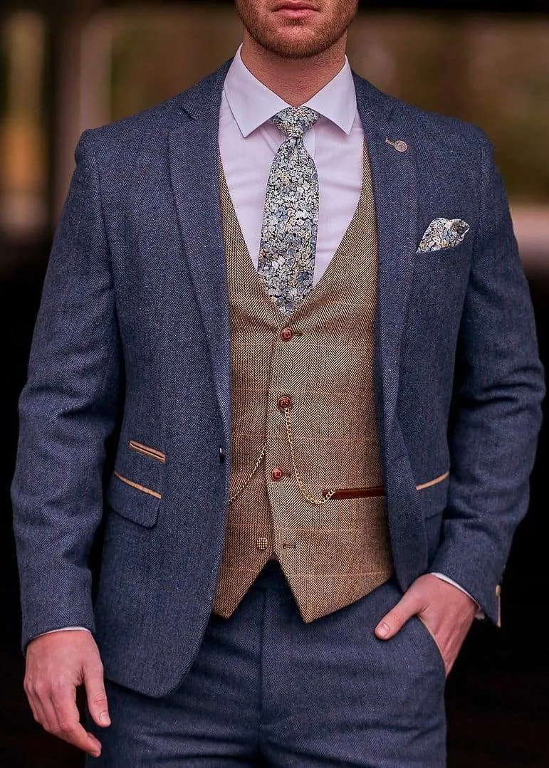 Dion Blue Tweed Wedding Suit 3 Piece with Brown Waistcoat by Marc Darcy